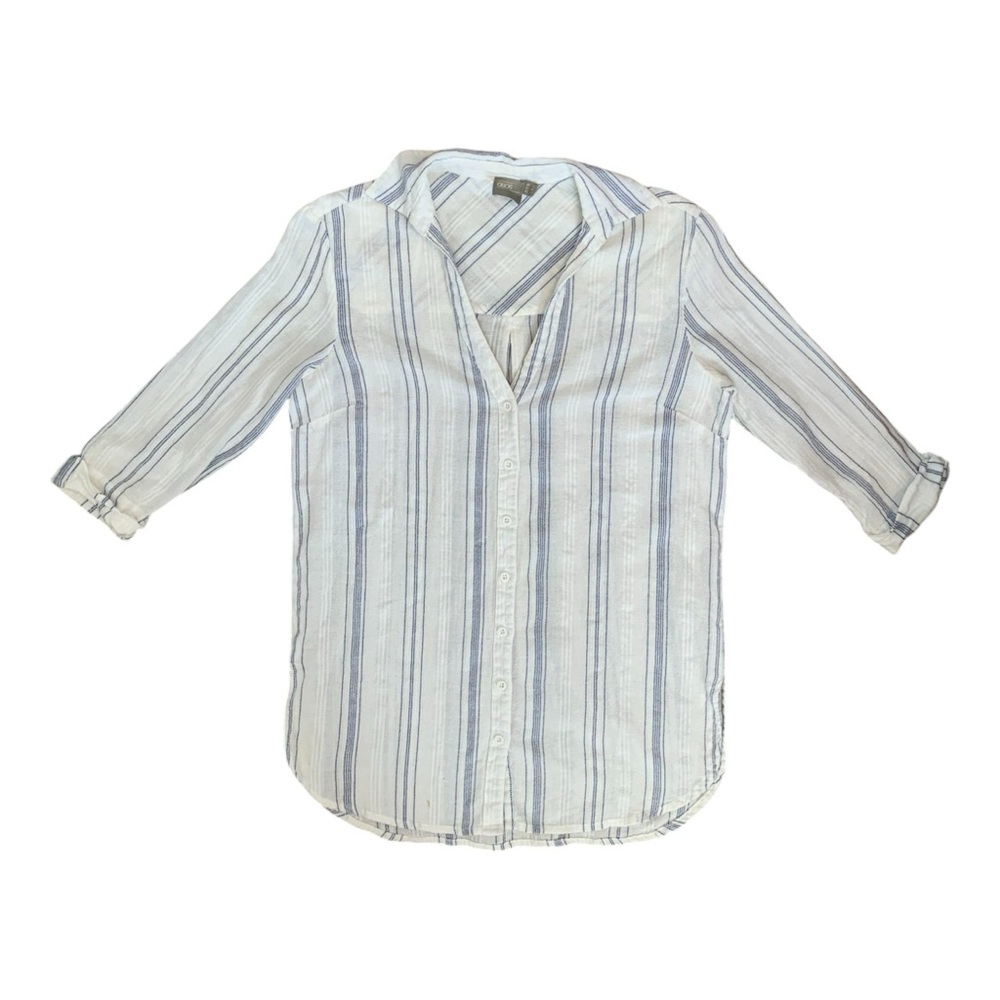Nautical striped cotton 3/4 sleeve button down shirt